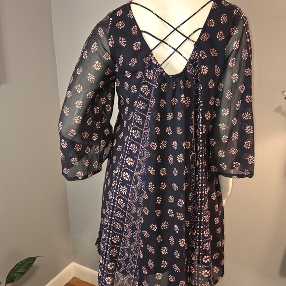 Japna Blue with Pink Print Lined Crocheted Neck Detail Mini Trapeze Dress Sz S - Picture 4 of 11